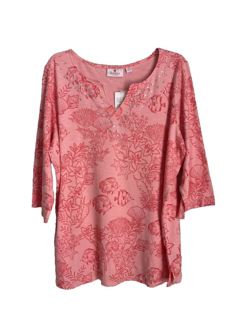 Quacker Factory Hot Coral Let's Get Tropical Embellished 3/4 Sleeve Top